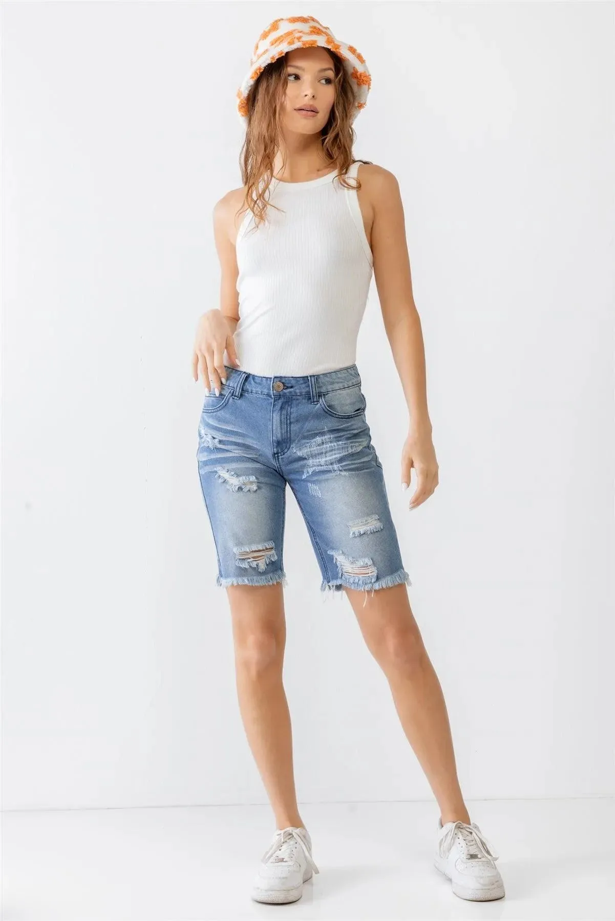 Denim Cotton Distressed High Waist Raw Hem Capri Shorts /2-3-1