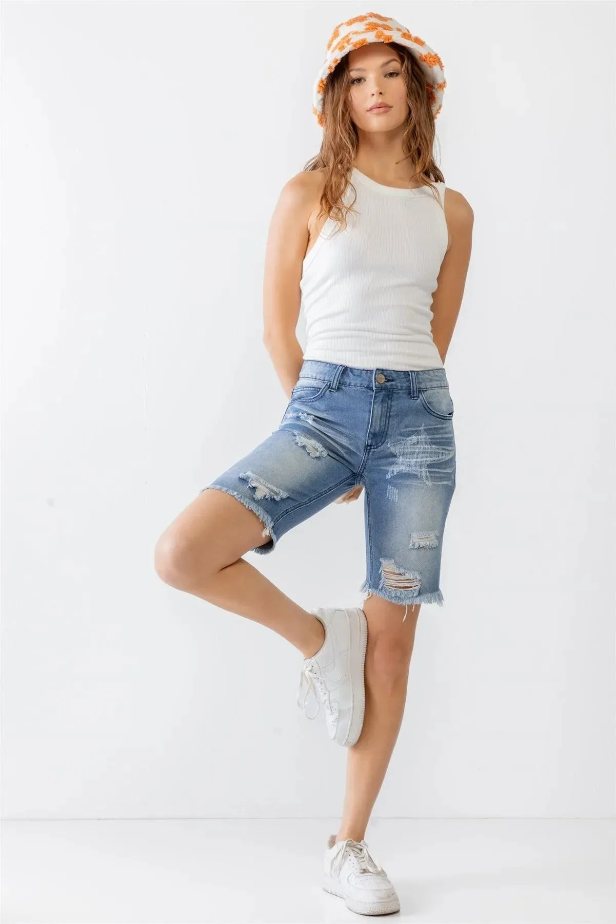 Denim Cotton Distressed High Waist Raw Hem Capri Shorts /2-3-1