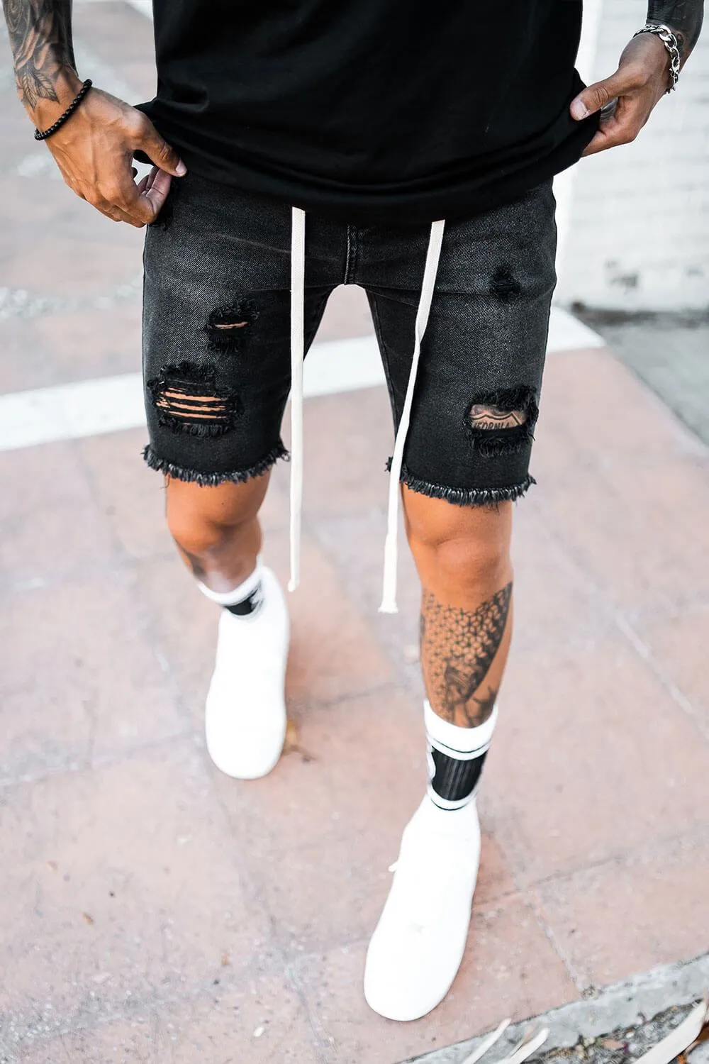 Destroyed Denim Shorts - Black