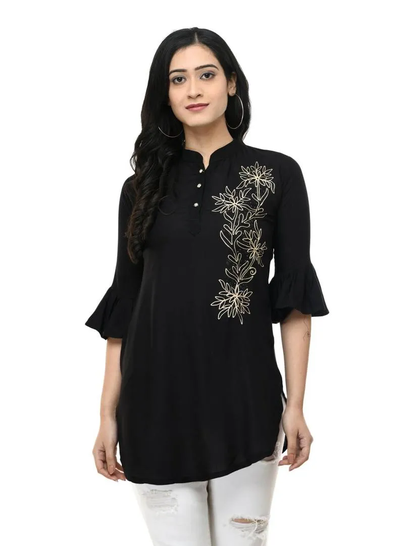 Fashionable Black Cotton Embroidered Top For Women