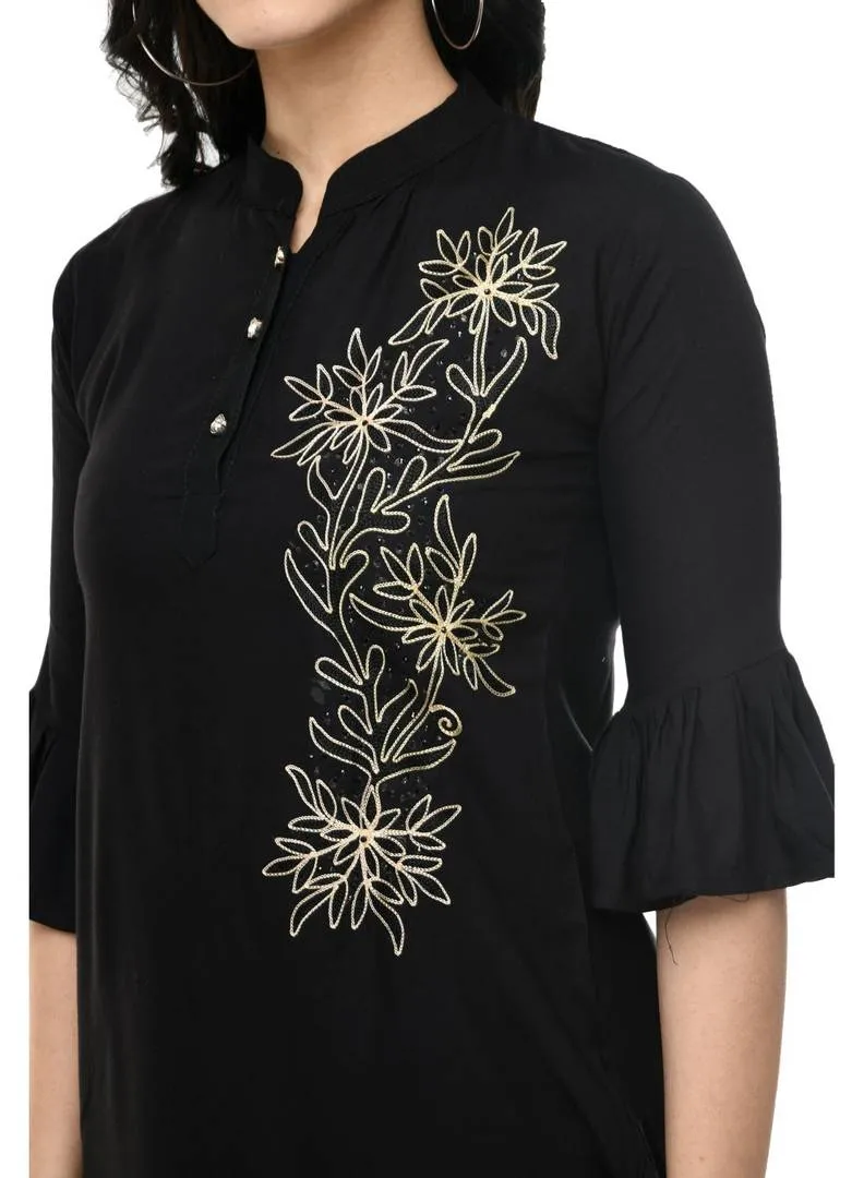 Fashionable Black Cotton Embroidered Top For Women