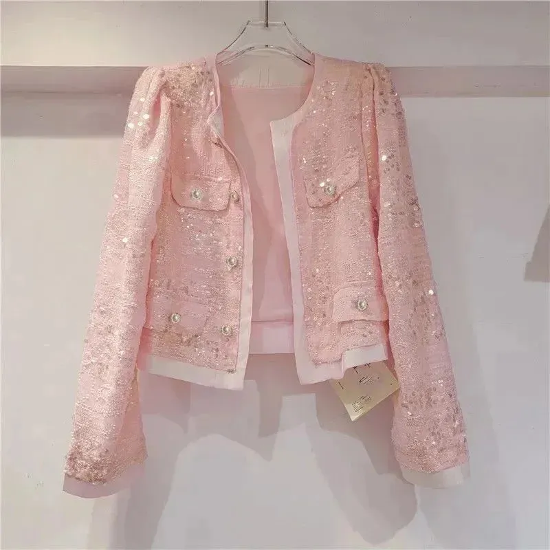 Georgeous Women's Jacket with Sequins High Quality Excellent Fit Long Sleeved Stylish Socialite Versatile Slim Jacket