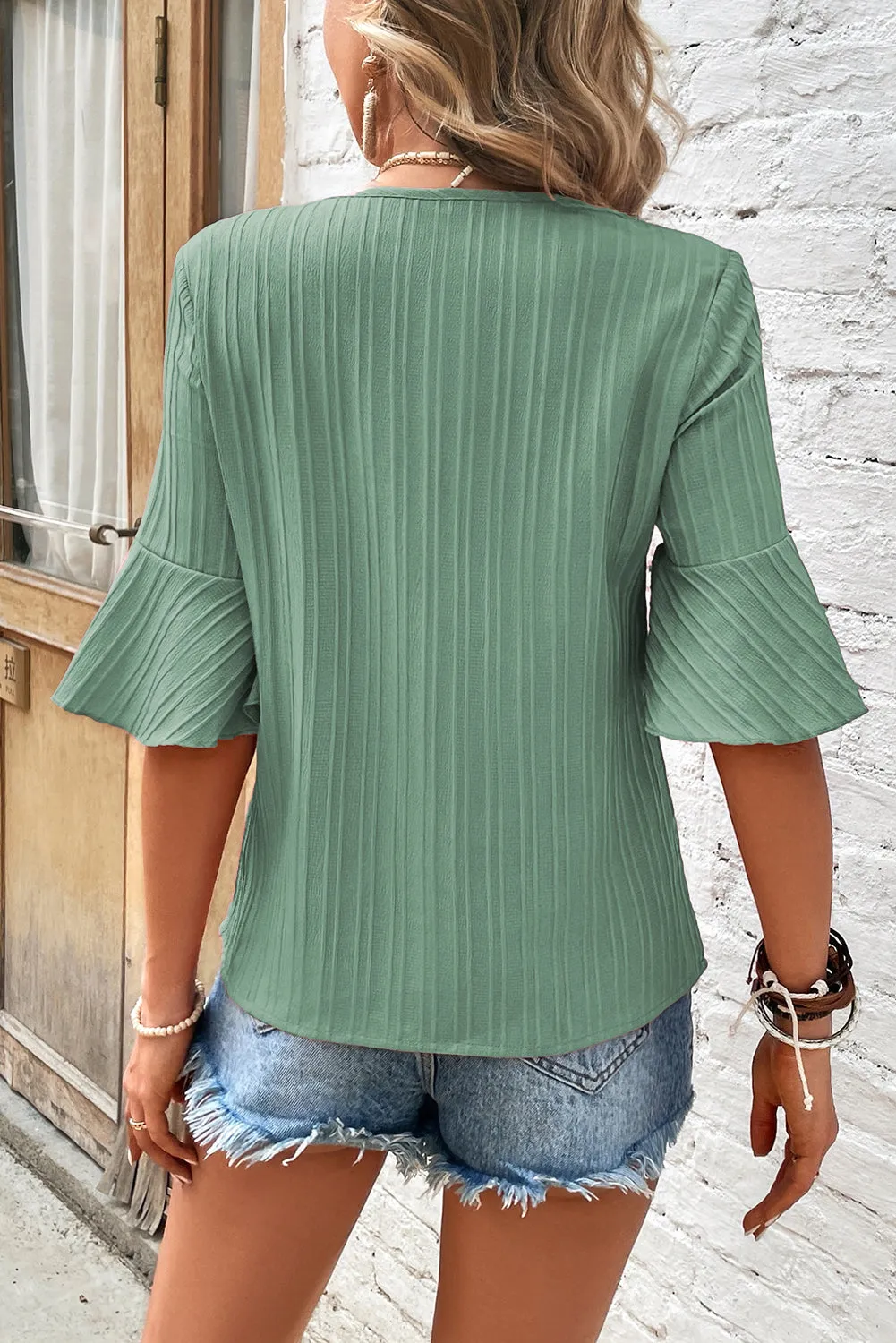 Grass Green Ruffled Half Sleeve V Neck Textured Top