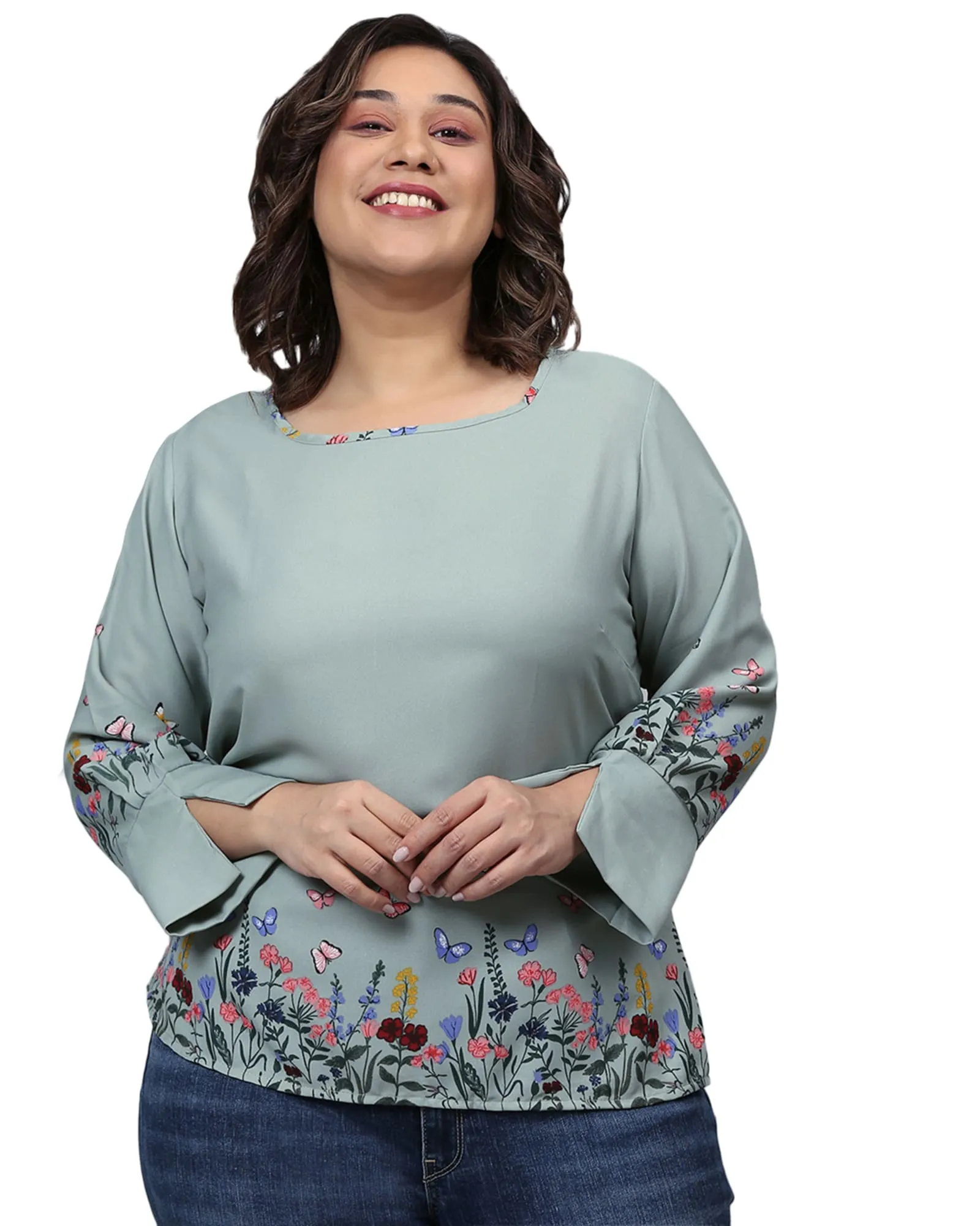 Grey Floral Border Top | Dusty Blue