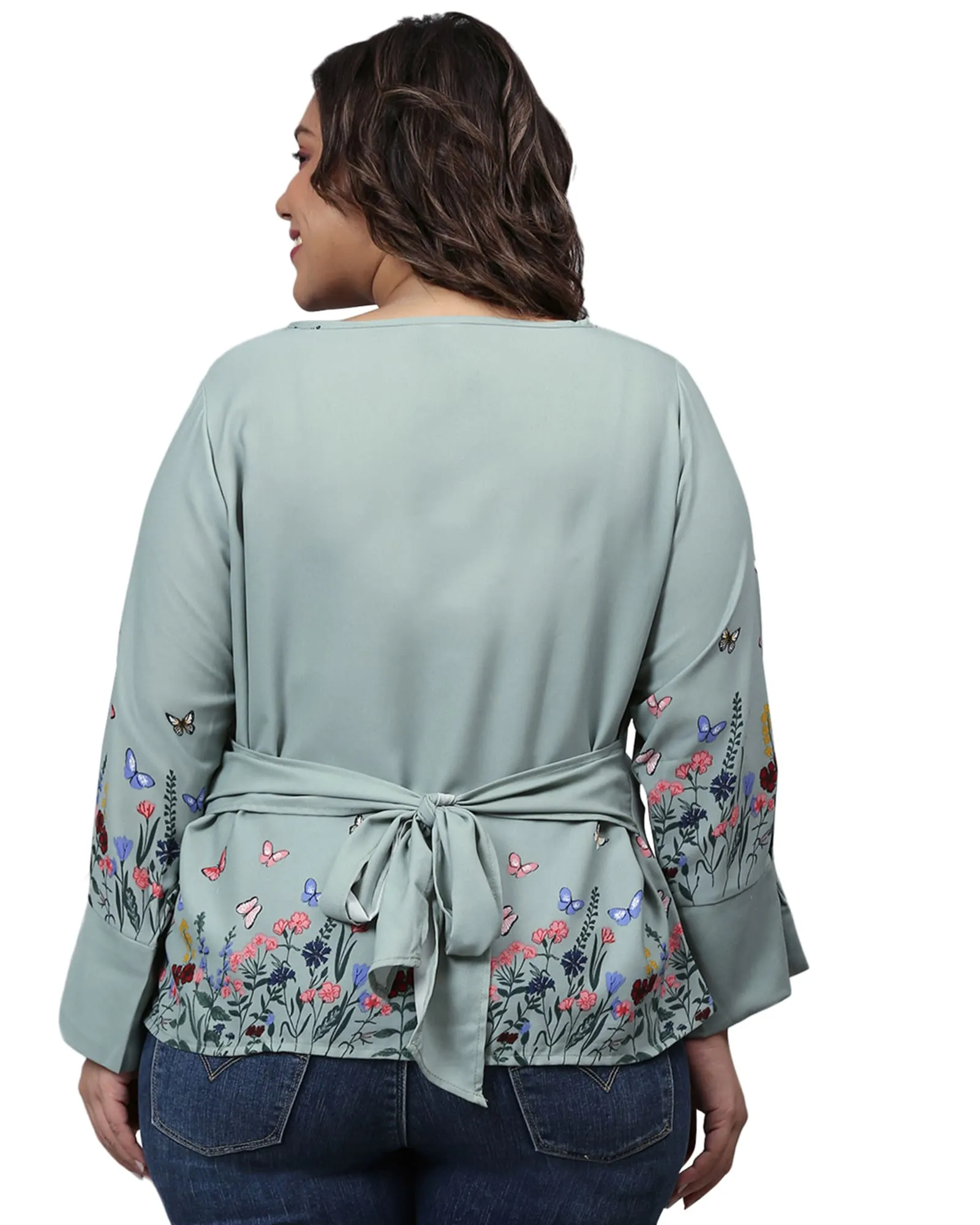 Grey Floral Border Top | Dusty Blue