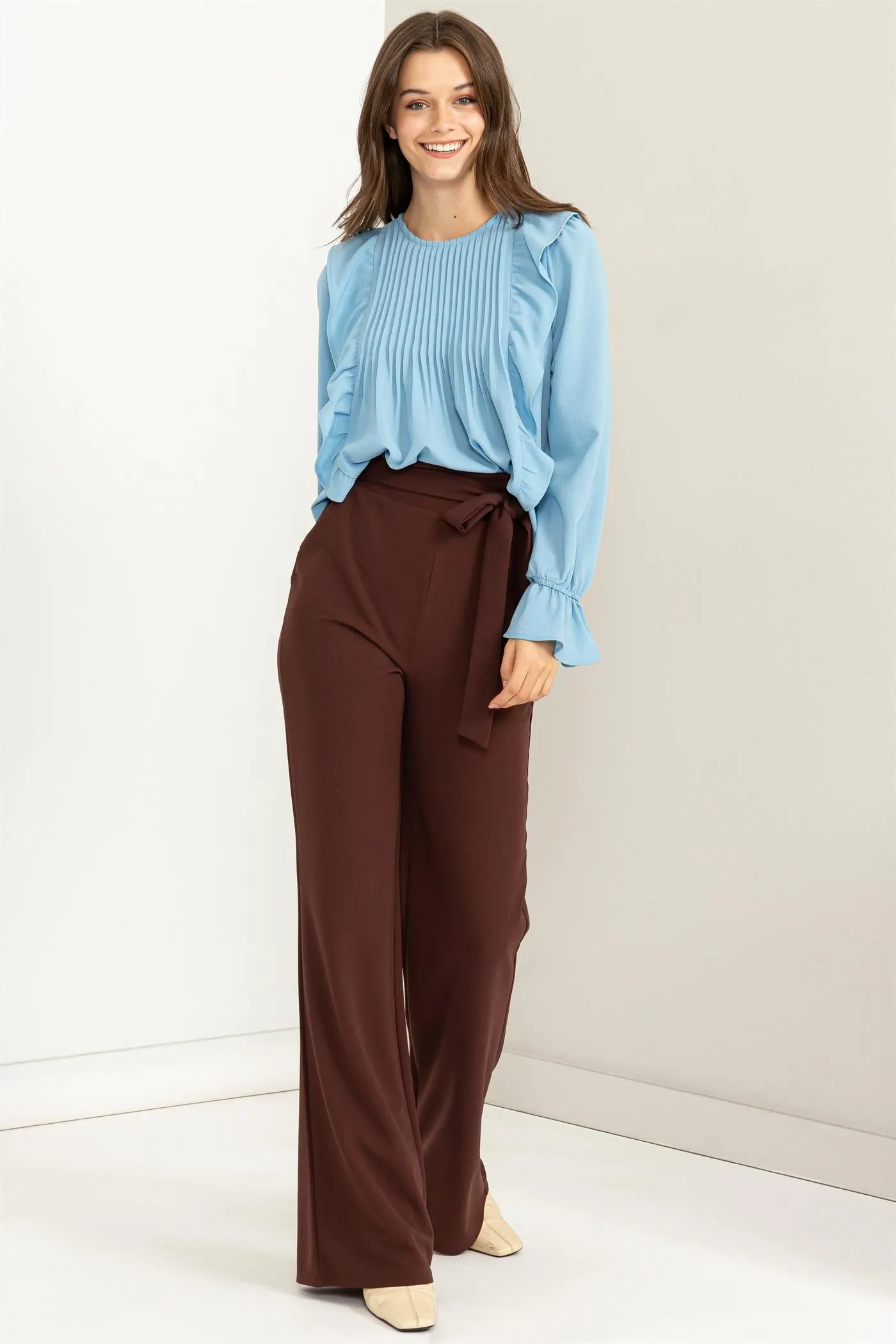 HF23G053-REFINED STYLE RUFFLED PINTUCK BLOUSE