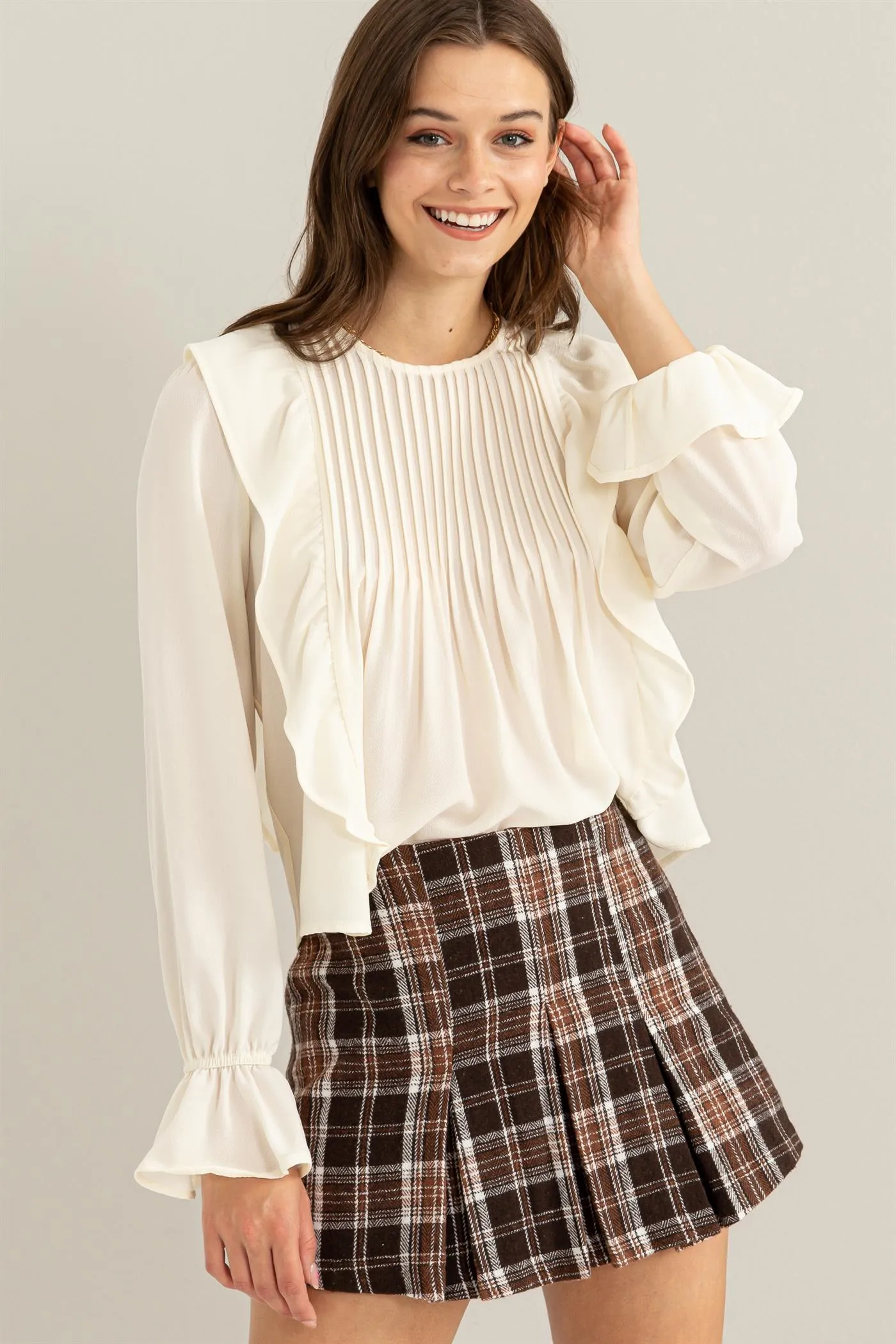 HF23G053-REFINED STYLE RUFFLED PINTUCK BLOUSE