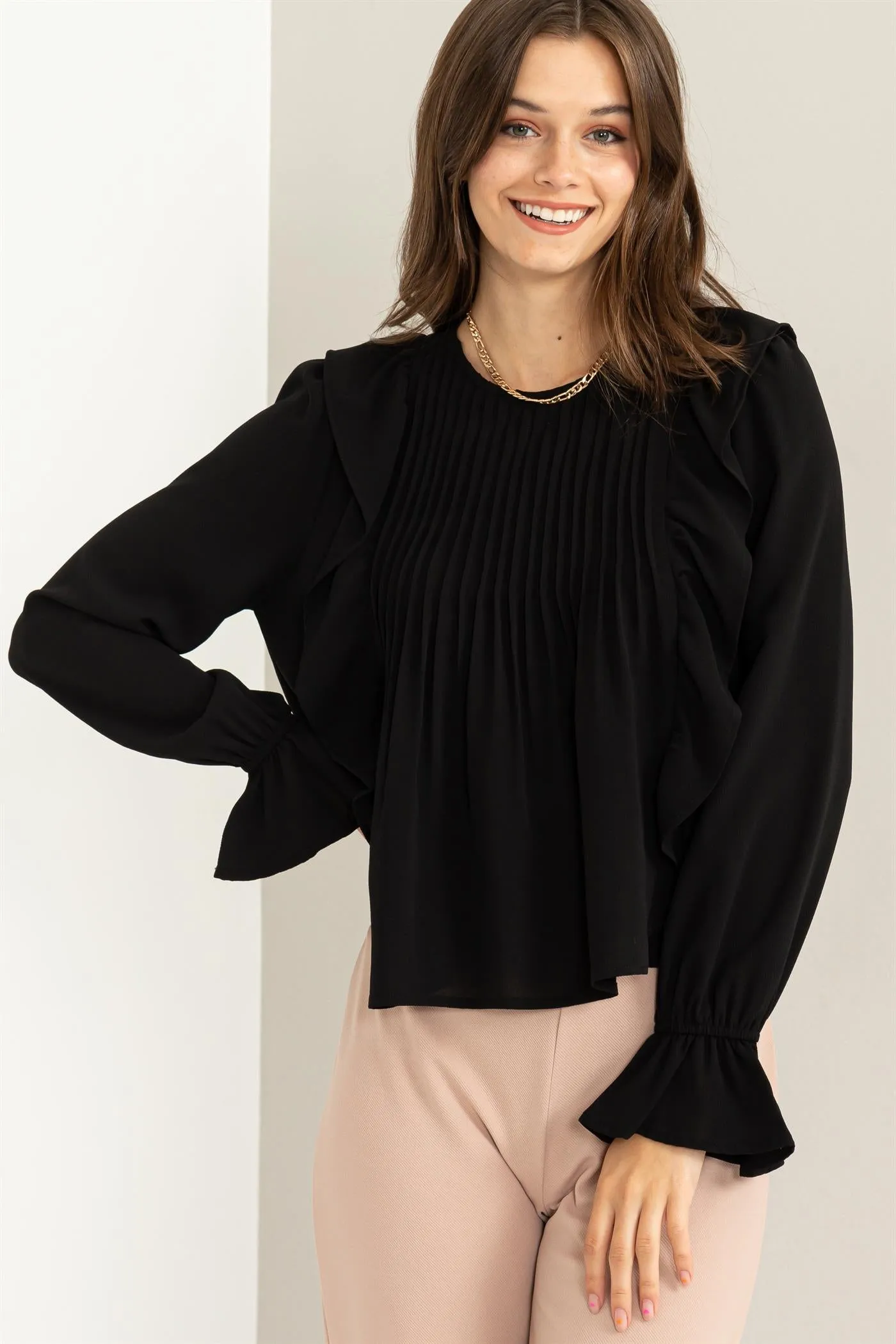 HF23G053-REFINED STYLE RUFFLED PINTUCK BLOUSE