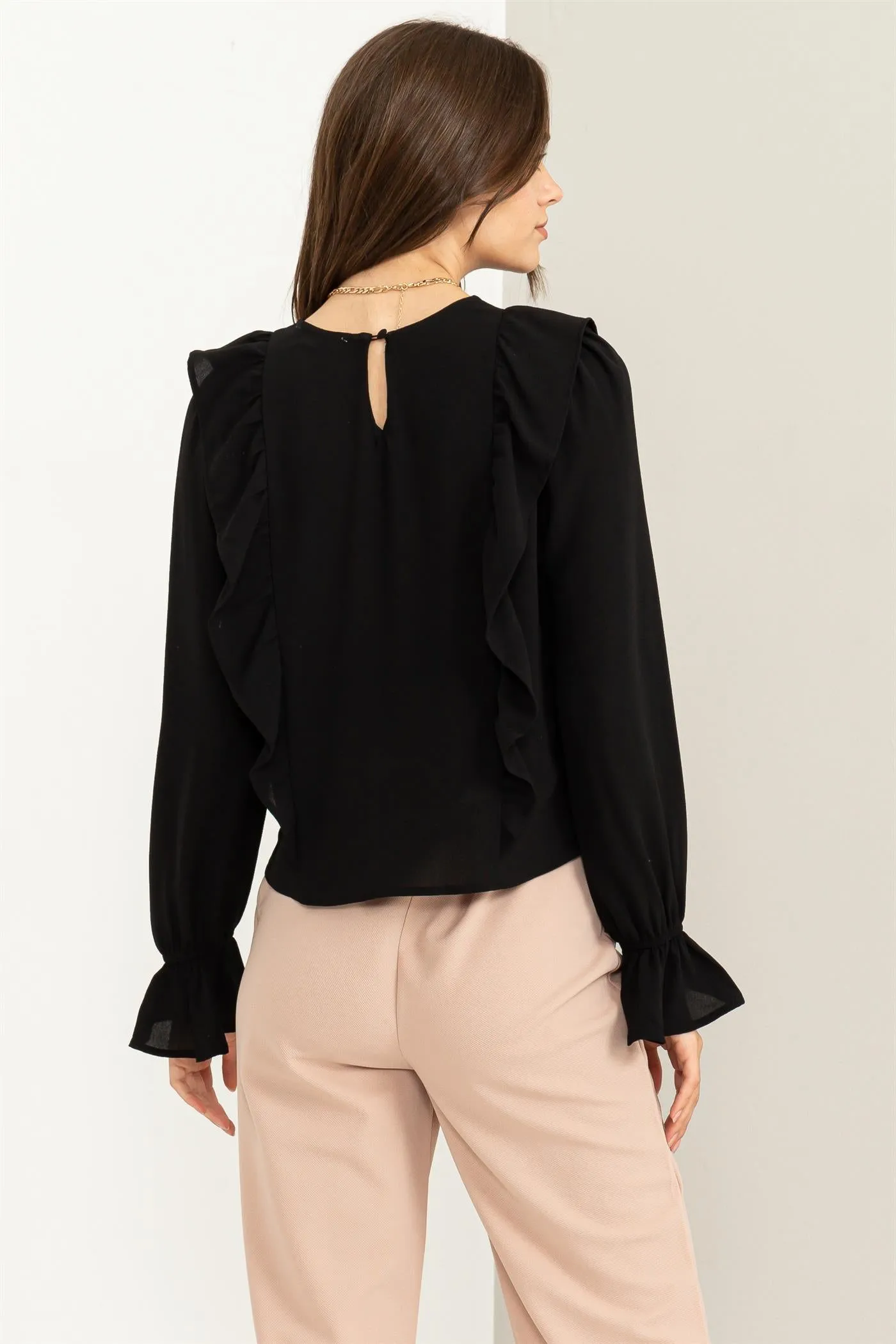 HF23G053-REFINED STYLE RUFFLED PINTUCK BLOUSE