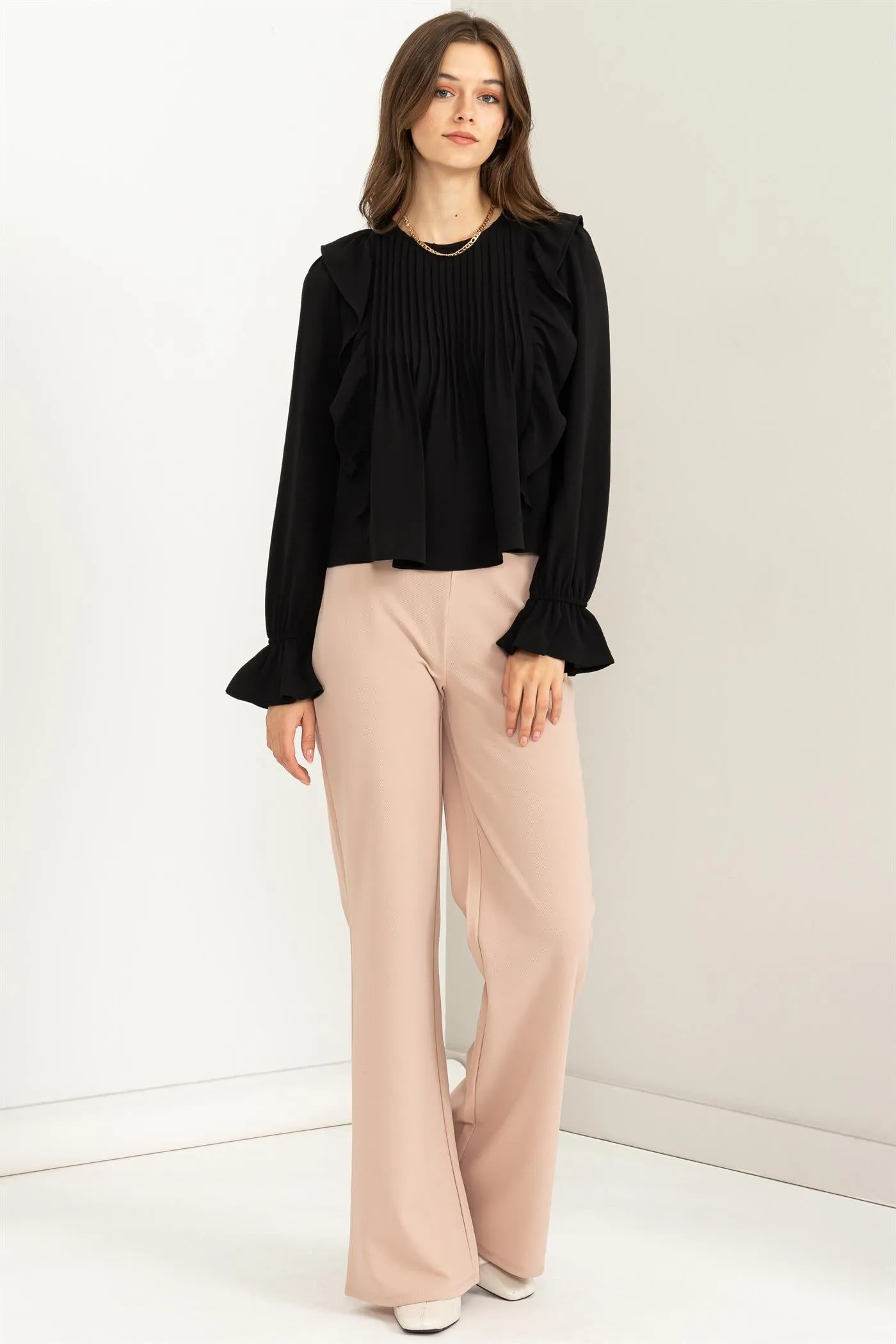 HF23G053-REFINED STYLE RUFFLED PINTUCK BLOUSE