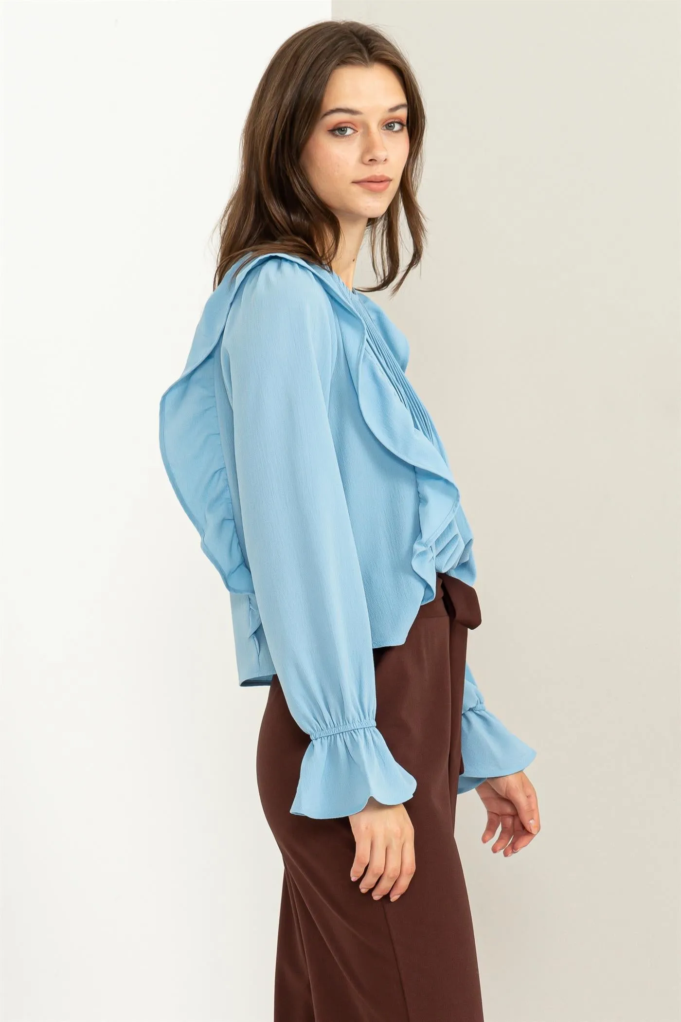 HF23G053-REFINED STYLE RUFFLED PINTUCK BLOUSE