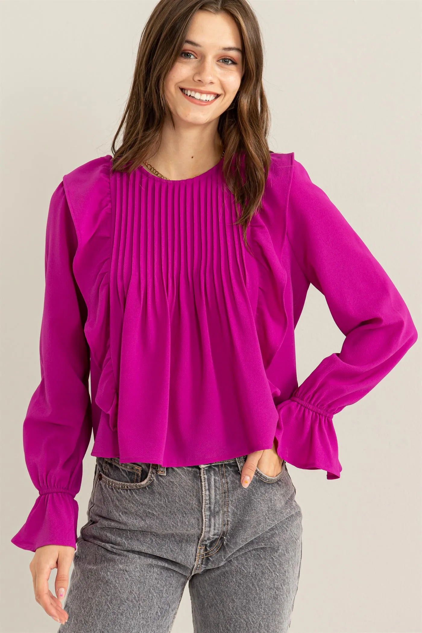 HF23G053-REFINED STYLE RUFFLED PINTUCK BLOUSE