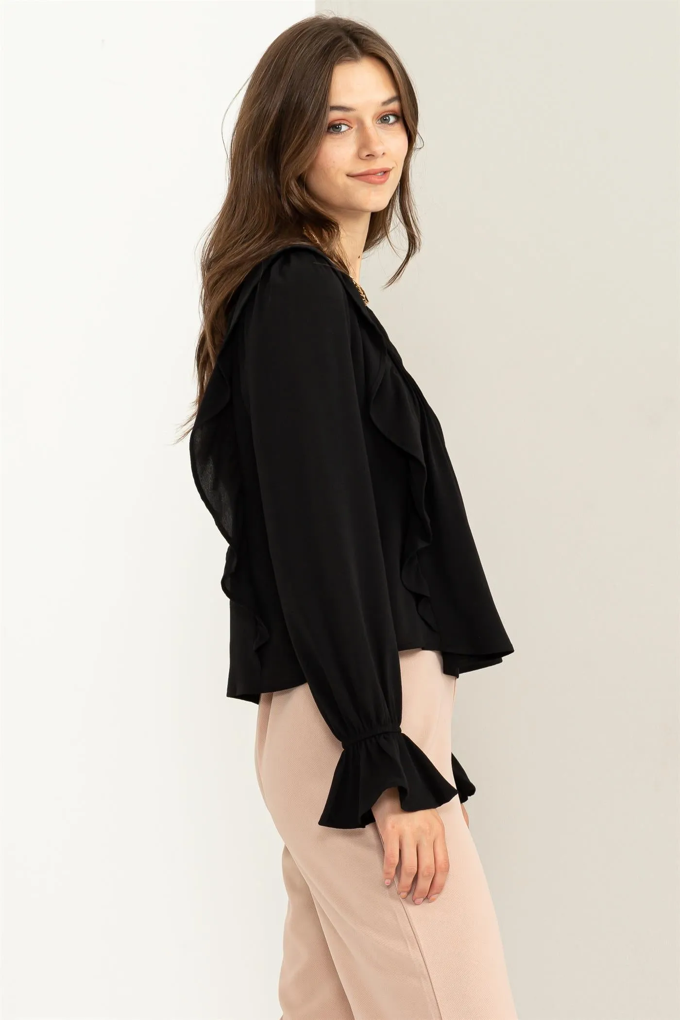 HF23G053-REFINED STYLE RUFFLED PINTUCK BLOUSE