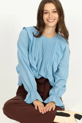 HF23G053-REFINED STYLE RUFFLED PINTUCK BLOUSE