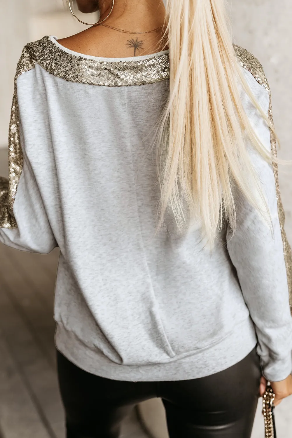 Khaki Sequin Patchwork V Neck Long Sleeve Top