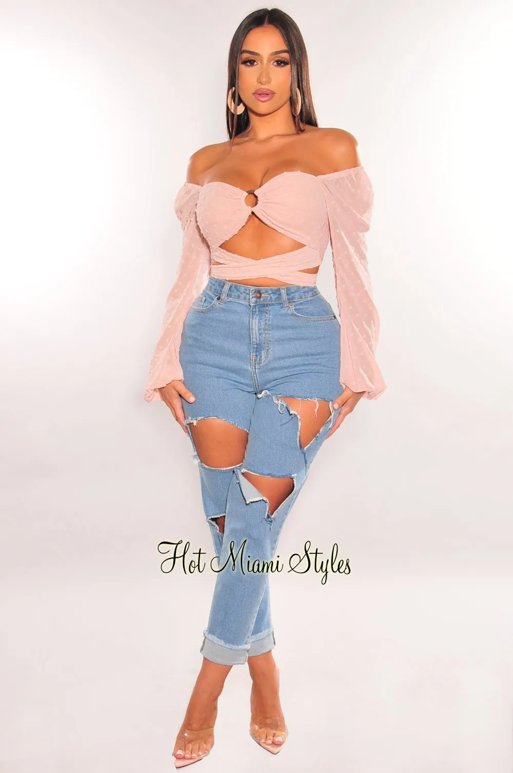 Light Denim Destroyed High Waist Frayed Hem Mom Jeans