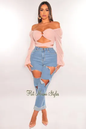 Light Denim Destroyed High Waist Frayed Hem Mom Jeans