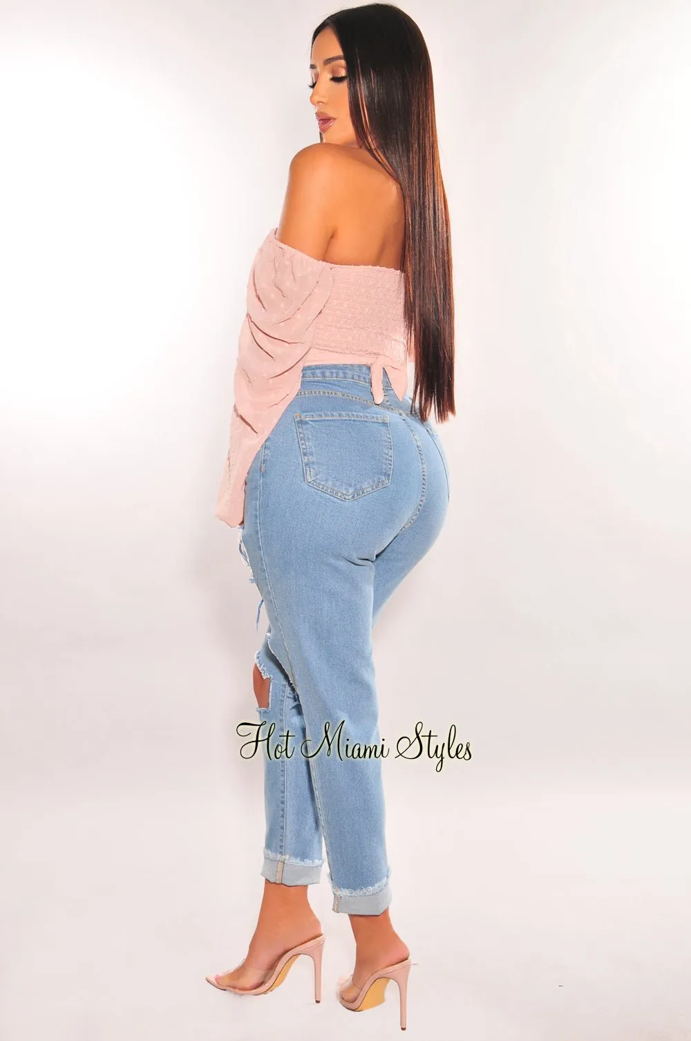 Light Denim Destroyed High Waist Frayed Hem Mom Jeans