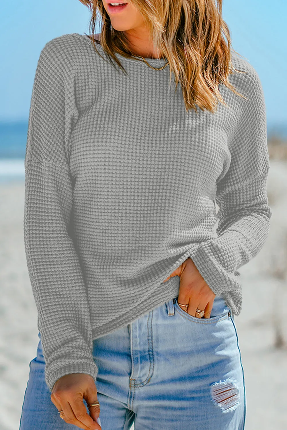 Light Grey Waffle Knit Drop Shoulder Long Sleeve Top