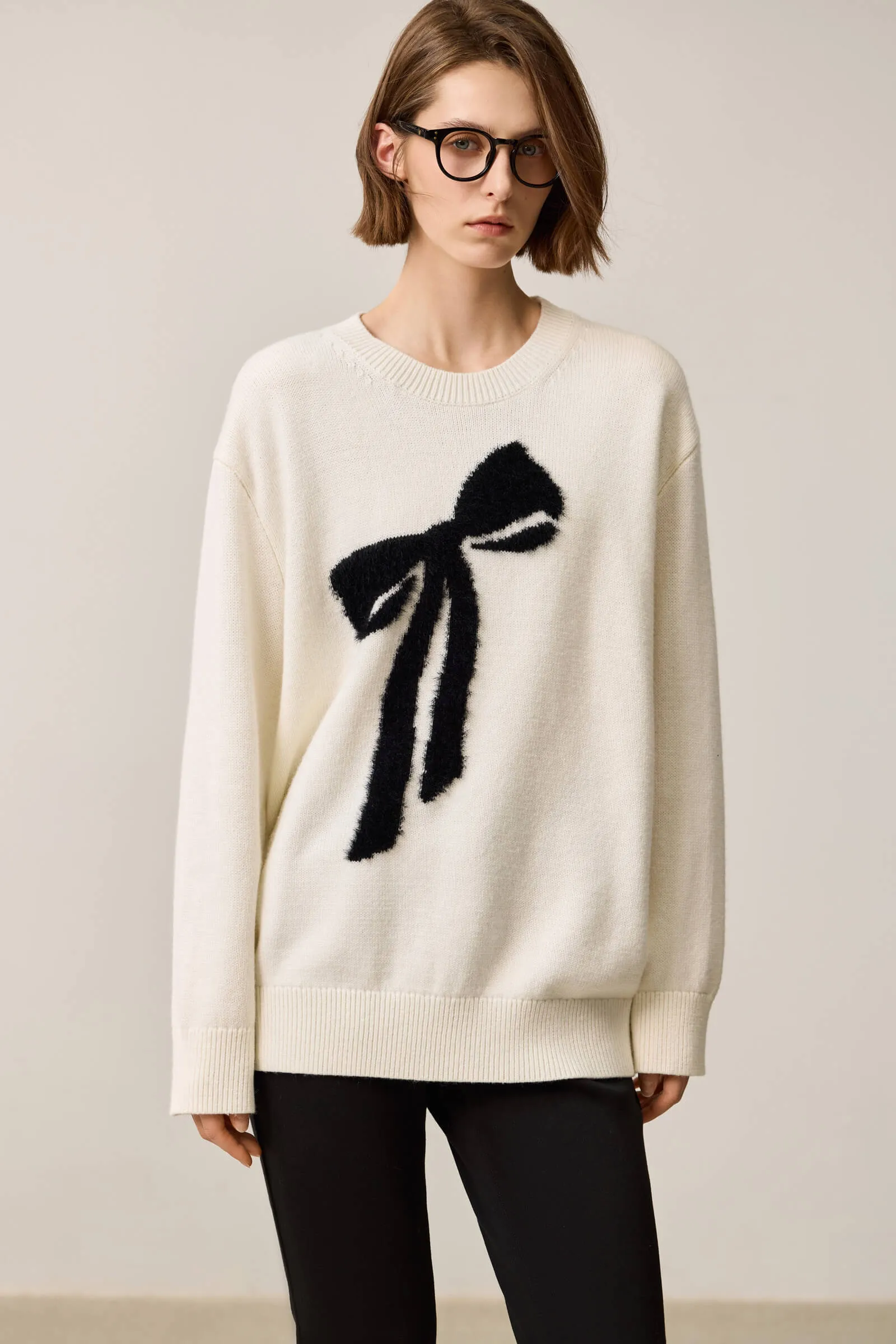 LILY Soft Color-Block Fleece-Like Bow Sweater