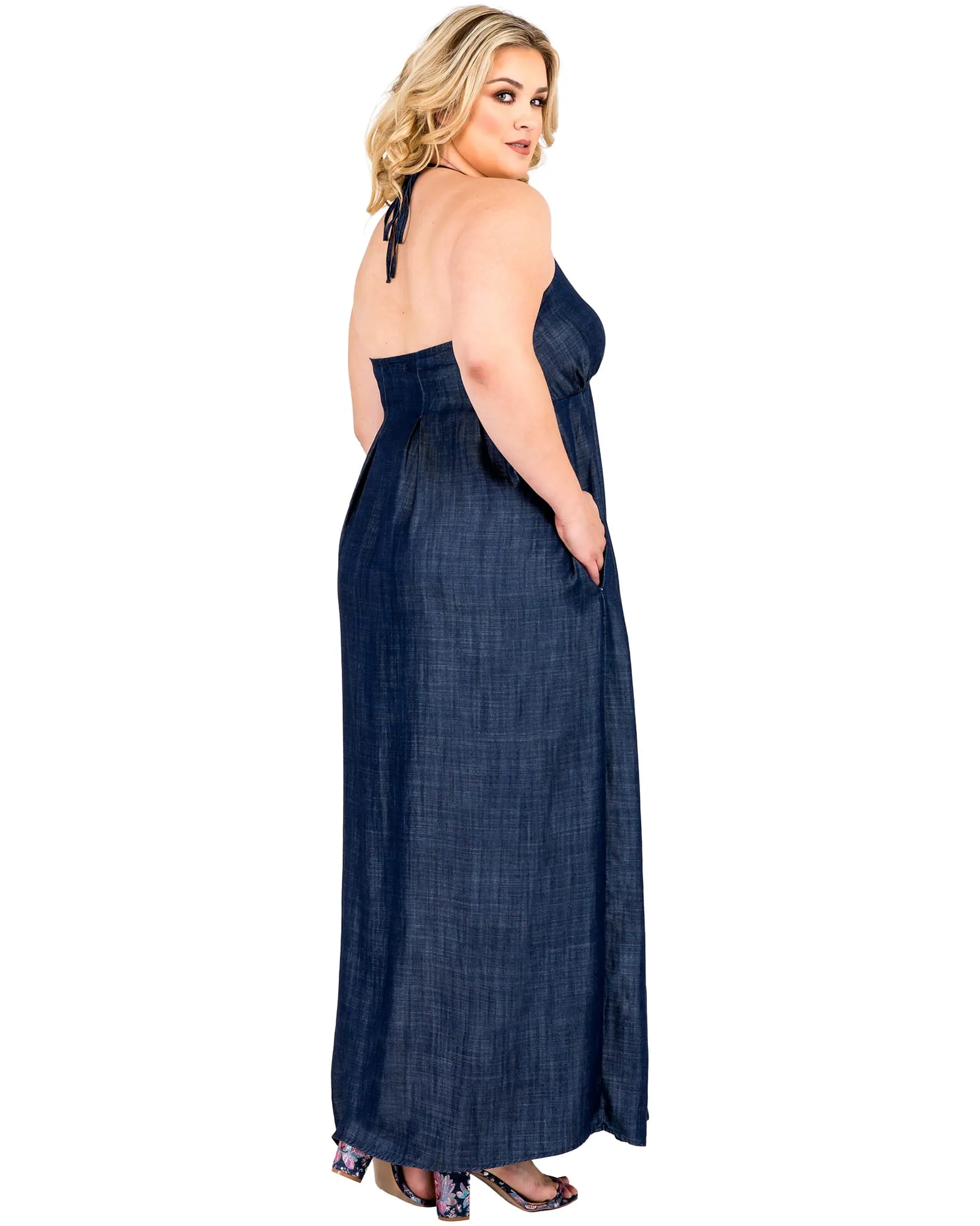 Madelyn Halter Neck Denim Maxi Dress | Dark Rinse