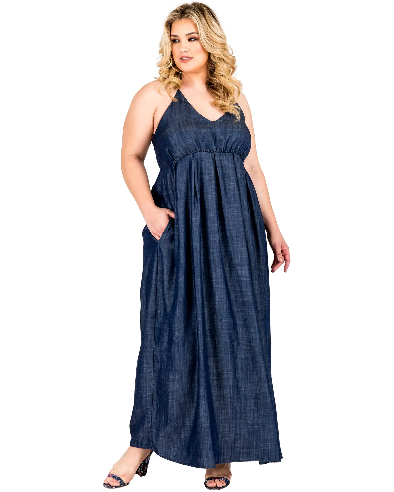 Madelyn Halter Neck Denim Maxi Dress | Dark Rinse