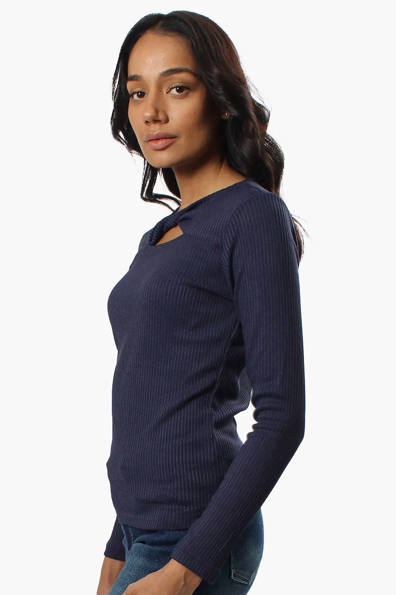 Magazine Ribbed Front Twist Long Sleeve Top - Navy