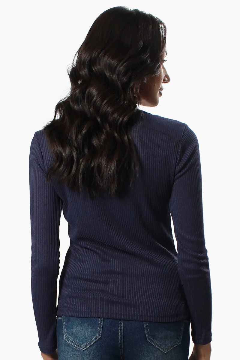 Magazine Ribbed Front Twist Long Sleeve Top - Navy