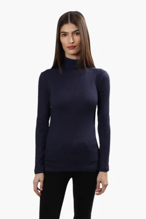 Magazine Ribbed Turtleneck Long Sleeve Top - Navy