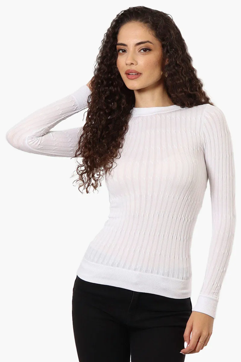 Magazine Solid Ribbed Crewneck Long Sleeve Top - White