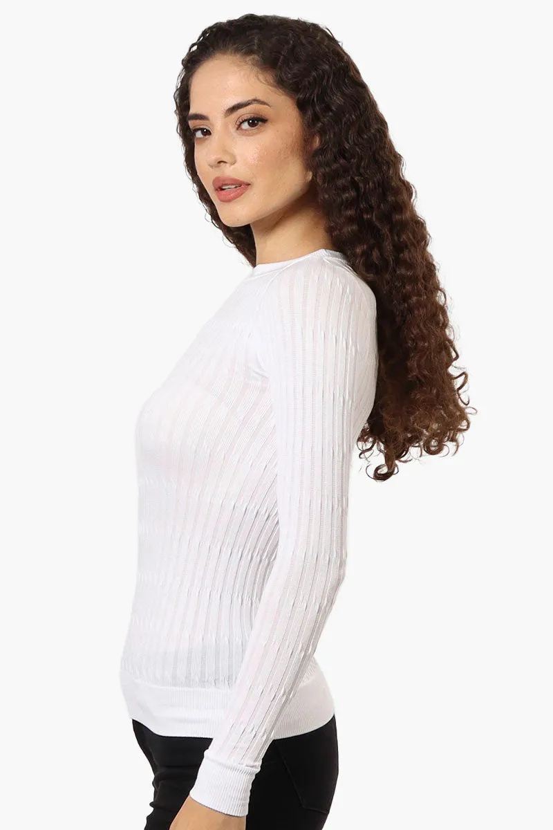 Magazine Solid Ribbed Crewneck Long Sleeve Top - White