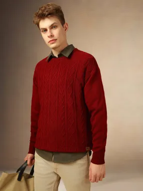 Men's Maroon Solid Crew Neck Full Sleeves Sweater