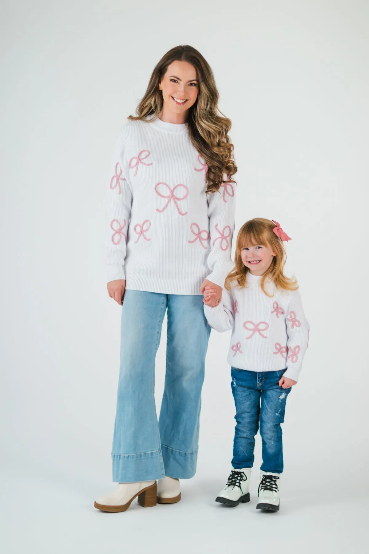 Mom & Me - White & Pink Bow Knit Sweater