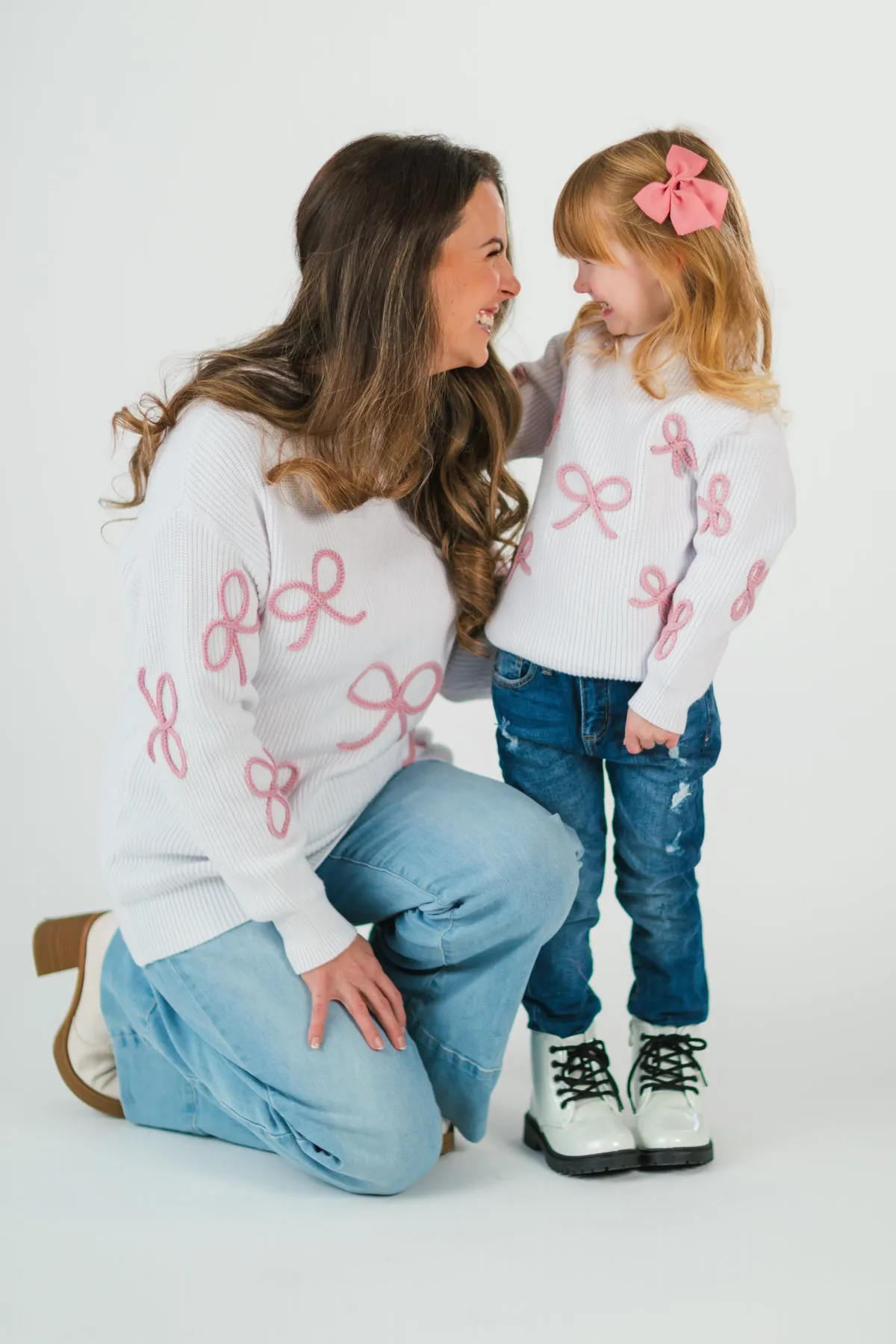 Mom & Me - White & Pink Bow Knit Sweater