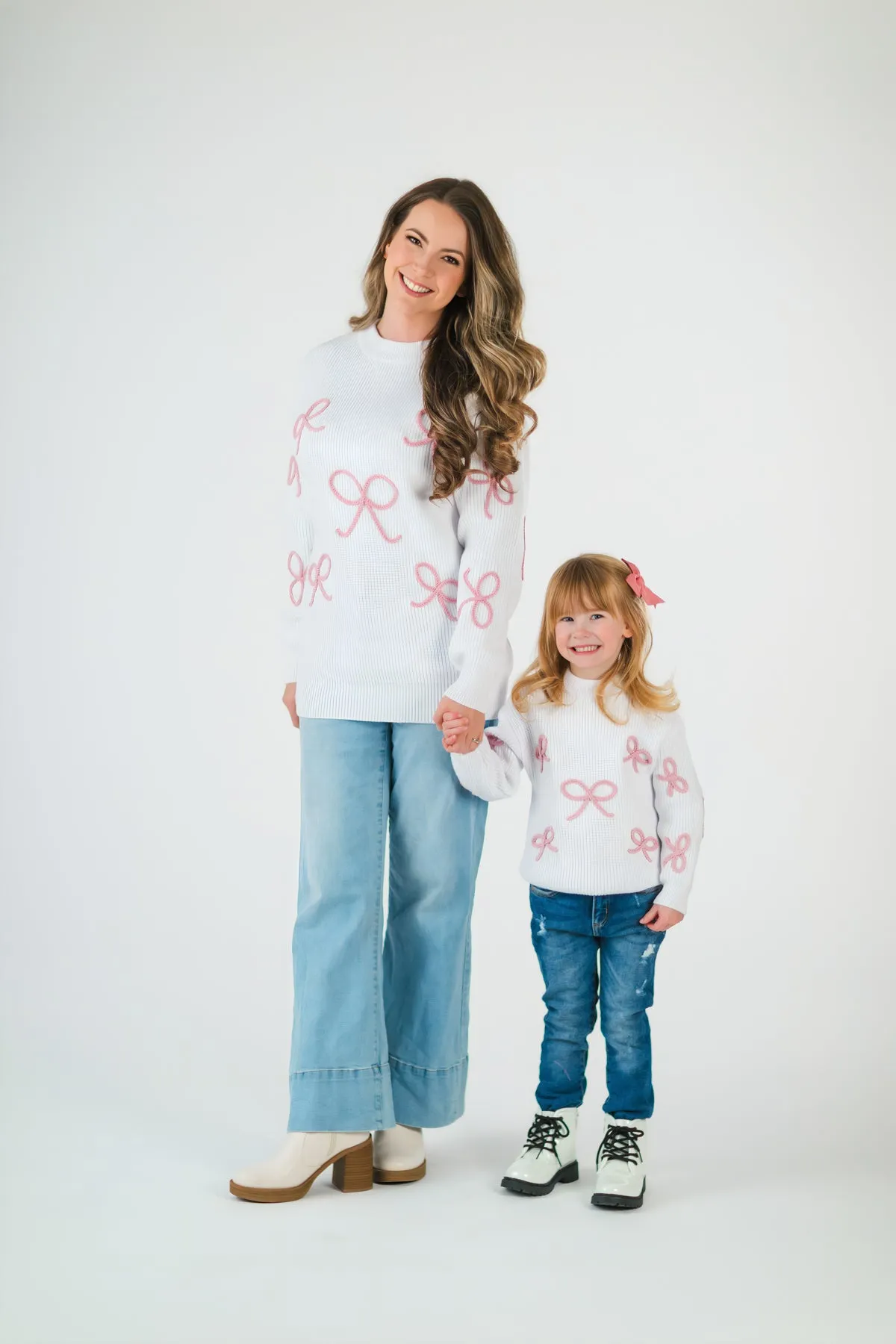 Mom & Me - White & Pink Bow Knit Sweater