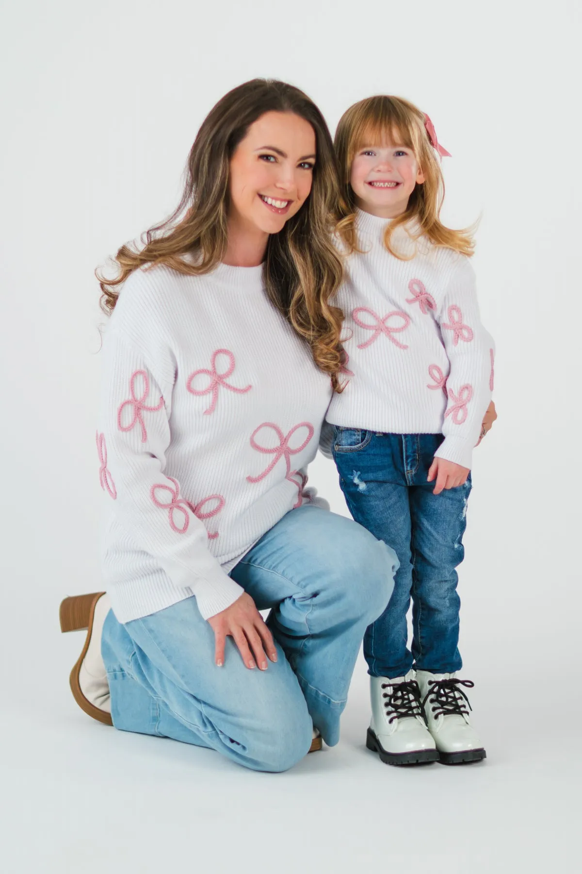 Mom & Me - White & Pink Bow Knit Sweater