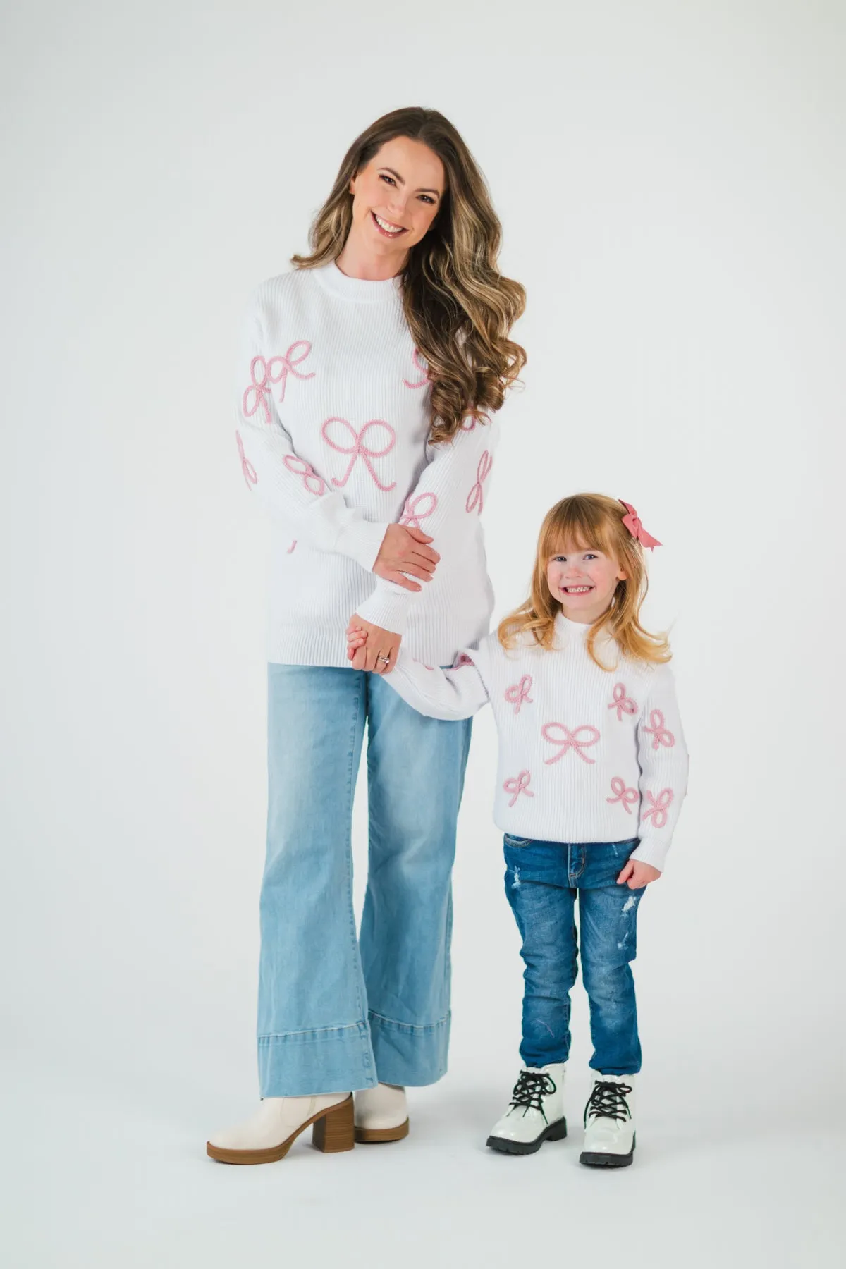 Mom & Me - White & Pink Bow Knit Sweater