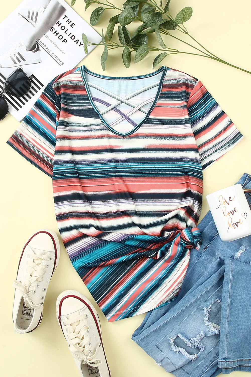 Multicolor Striped Crisscross Neck Short Sleeve Top