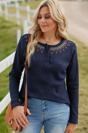 Navy Blue Embroidered Round Neck Waffle Top