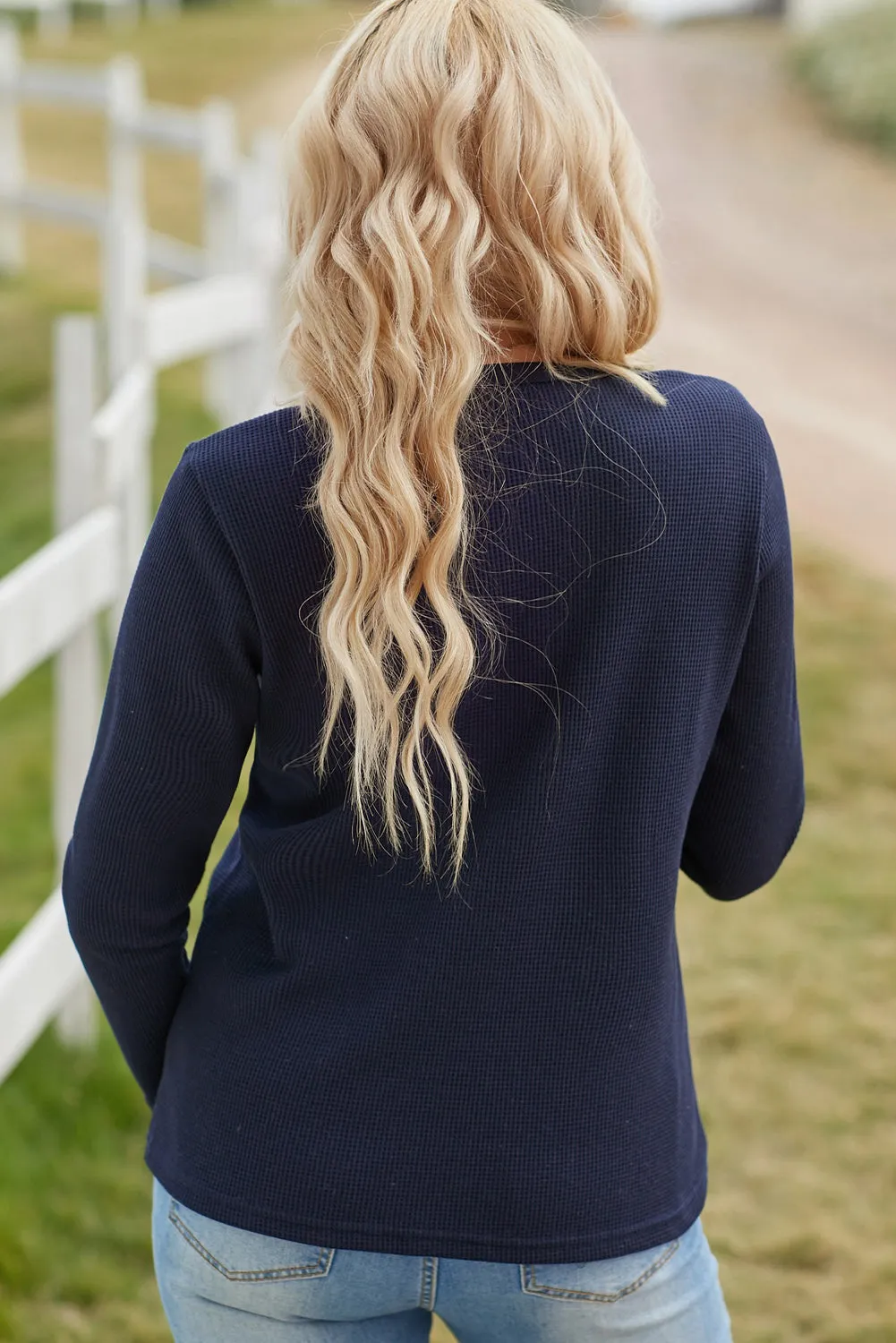 Navy Blue Embroidered Round Neck Waffle Top