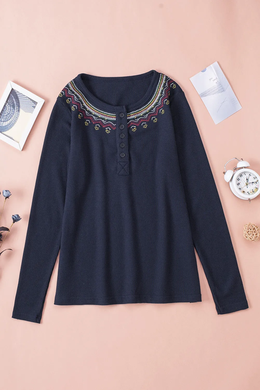 Navy Blue Embroidered Round Neck Waffle Top