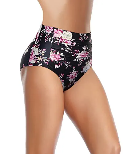 Not See-Through Swim Bottoms Ruched Bathing Suit Bottom-Black And Pink Floral