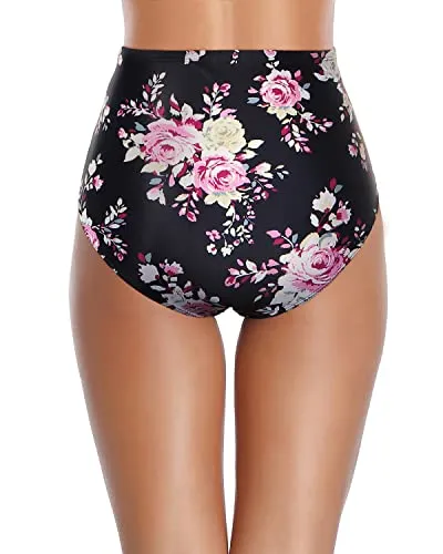 Not See-Through Swim Bottoms Ruched Bathing Suit Bottom-Black And Pink Floral