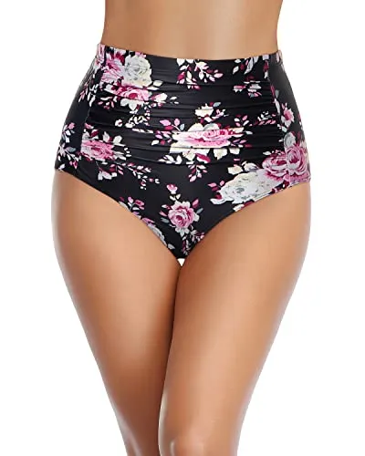 Not See-Through Swim Bottoms Ruched Bathing Suit Bottom-Black And Pink Floral