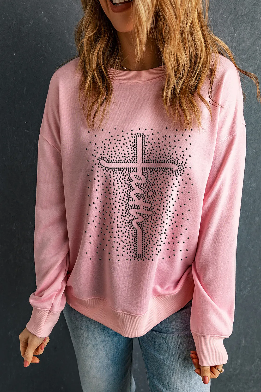 Pink Faith Graphic Studded Pullover Sweatshirt