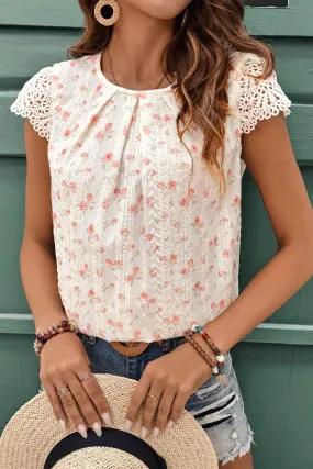 Pink Floral Print Embroidery Detail Crochet Cap Sleeve Blouse