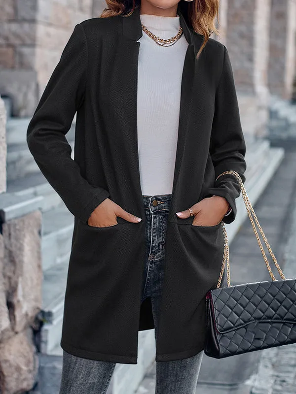 Pockets Solid Color Long Sleeves Loose Stand Collar Outerwear