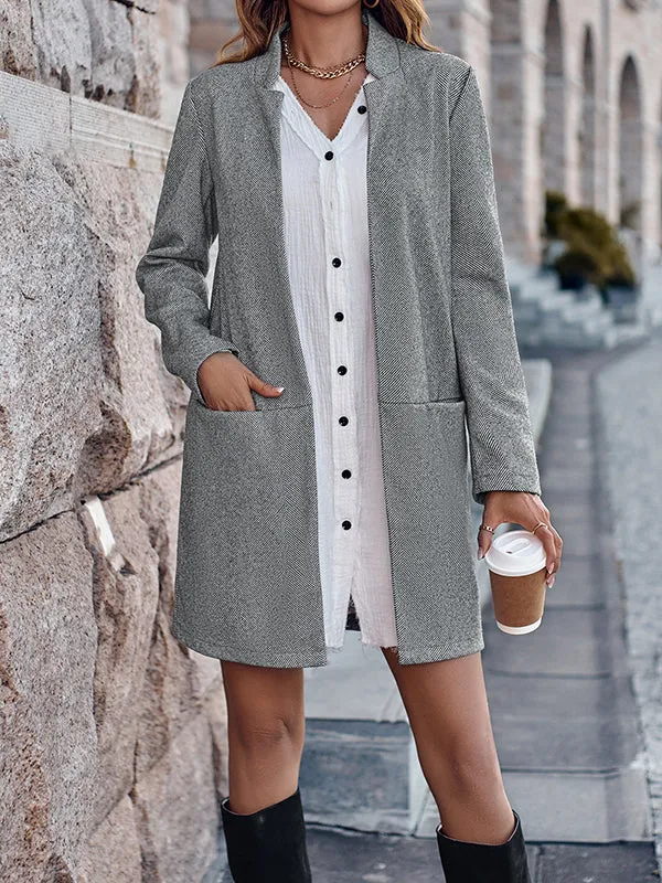 Pockets Solid Color Long Sleeves Loose Stand Collar Outerwear