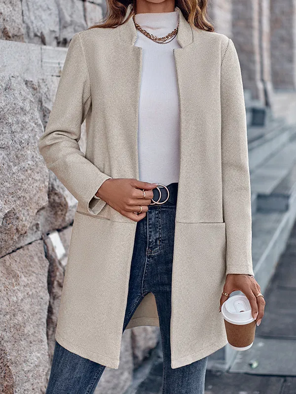 Pockets Solid Color Long Sleeves Loose Stand Collar Outerwear