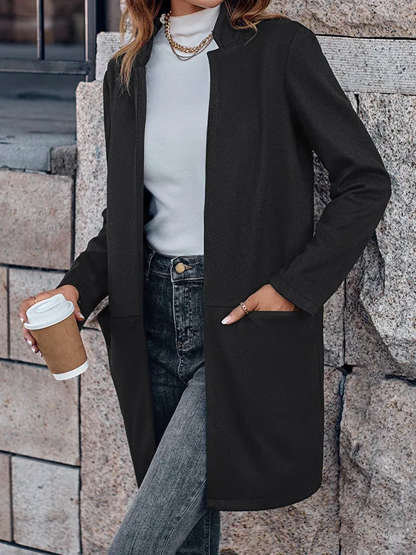 Pockets Solid Color Long Sleeves Loose Stand Collar Outerwear